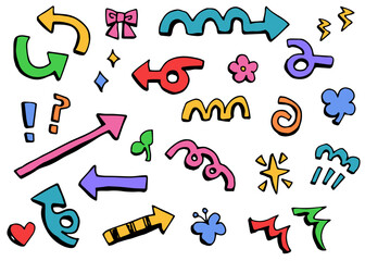 手書きの矢印と絵文字の素材セット　エフェクト、記号のセット	
