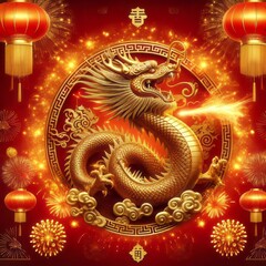 3d rendering illustration for happy chinese new year 2024 the dragon zodiac sign with flower, lantern, asian elements, red and gold on background
