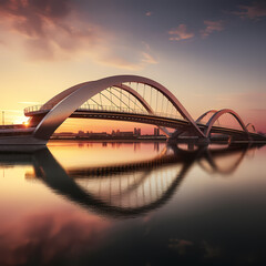 A modern bridge spanning across a calm river at sunset.