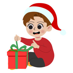 Vector little boy open gift christmas