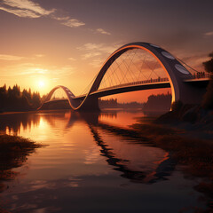 A modern bridge spanning across a calm river at sunset.
