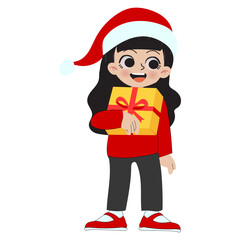 Vector cute girl holding present for christmas