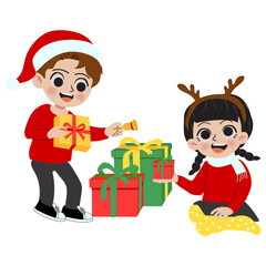 Vector kids with present for christmas