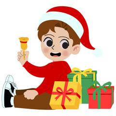 Little boy with santa claus hat and gifts box for christmas