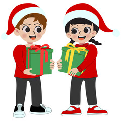 Boy and girl holding present for christmas