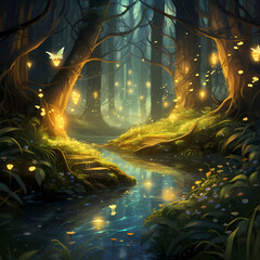 A mysterious forest illuminated by the soft glow of fireflies