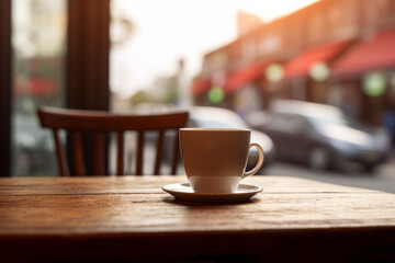 a cup of coffee and a wooden table sitting on a blurred background in a street and car scene cafe