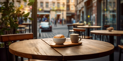 A cup of milky coffee and a piece of bread placed on a simple and warm wooden table, expressing a peaceful atmosphere next to the greenery
