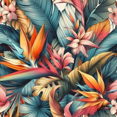 Colorful tropical leaves and flowers, artistic pattern.
