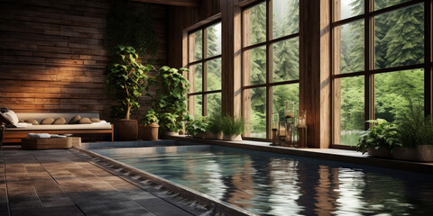 The calm waters of an indoor pool in a rustic setting, surrounded by warm wooden interiors