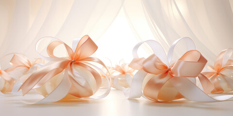 Fototapeta na wymiar Spherical structures nestled among white and peach ribbons