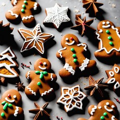 Homemade Gingerbread cookies with spices on a gray background.