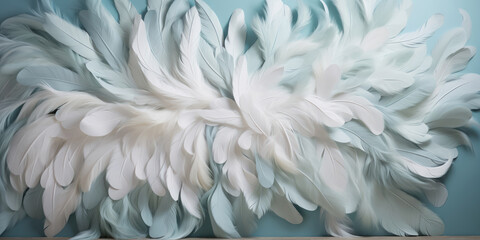 Fototapeta na wymiar Alabaster feathers adorning an ornate wall in a room with muted teal tones