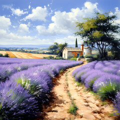 A pathway through a lavender field with a distant farmhouse