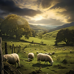 A peaceful countryside with grazing sheep.