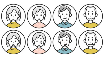 高齢者男性と女性の顔アイコンセット