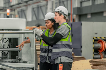 Technician ensures machinery stays regular, inspect error for smooth operations in cardboard factory