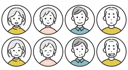 高齢者男性と女性の顔アイコンセット