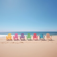 A row of colorful beach chairs on a sandy shore