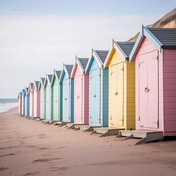 A row of beach huts painted in pastel colors.
