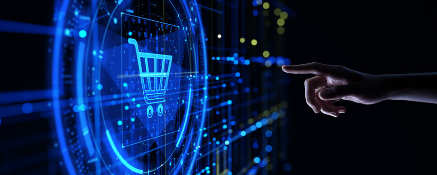 Add To Cart Retail Internet Web Store Buy Online E-Commerce Business concept. Hand touches the icon with the food basket