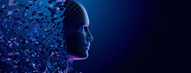 Fotobehang Digital Transformation: AI Artificial Intelligence in Human Face Head © Sikov