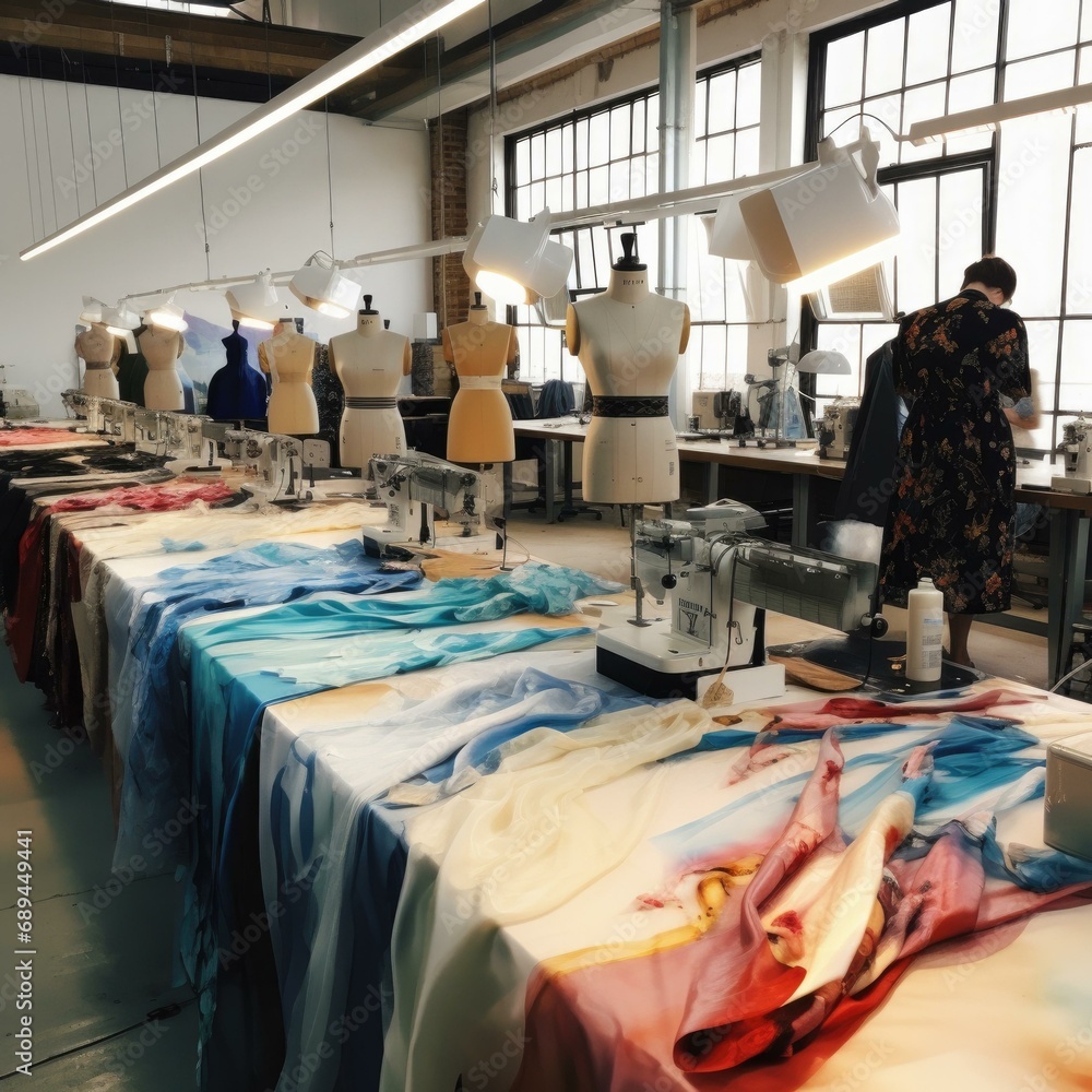 Poster a factory with many tables with colorful fabric. generative ai.
