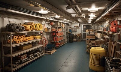A well-stocked storage room for engine maintenance and repair on a cruise ship, complete with tools and supplies. Generative AI.