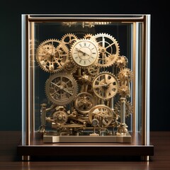 A clock with gears inside of a glass case. Generative AI.