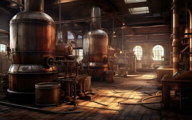 Fototapeta na wymiar An atmospheric brewery with vintage machinery and wooden barrels. Generative AI.