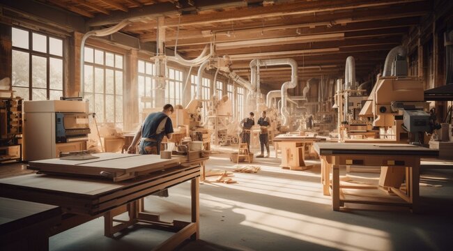 Skilled craftsmen and automated machinery create high-quality furniture in a bustling woodworking shop. Generative AI.
