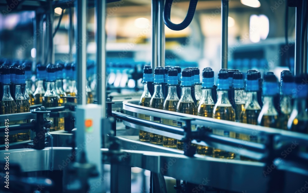 Poster a high-speed beverage bottling line with automated robots filling, capping, and labeling bottles in 