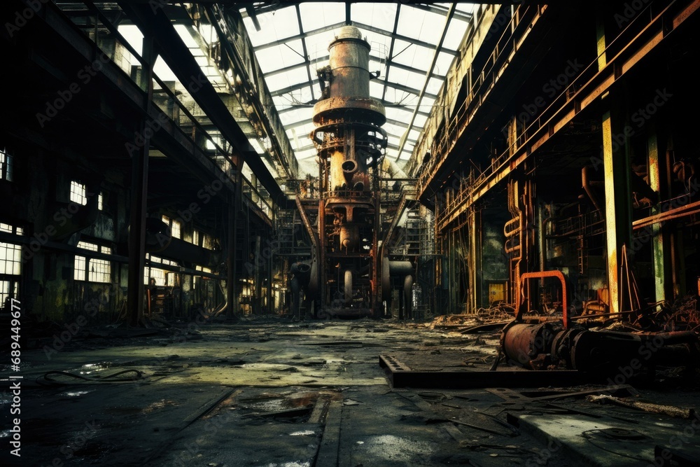 Poster an abandoned factory with rusty machinery and broken windows, casting streaks of light across the ca