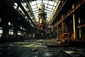 Foto op Canvas An abandoned factory with rusty machinery and broken windows, casting streaks of light across the cavernous space. Generative AI. © serg3d