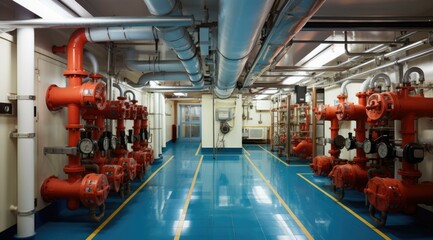 A meticulously maintained central lubrication system room on a cruise ship, vital for smooth engine operation. Pipes and valves line the long hallway. Generative AI. - obrazy, fototapety, plakaty