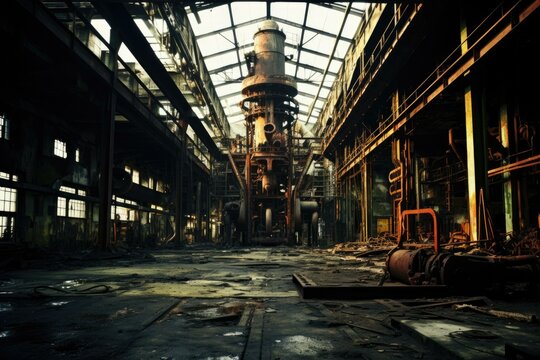 An abandoned factory with rusty machinery and broken windows, casting streaks of light across the cavernous space. Generative AI.