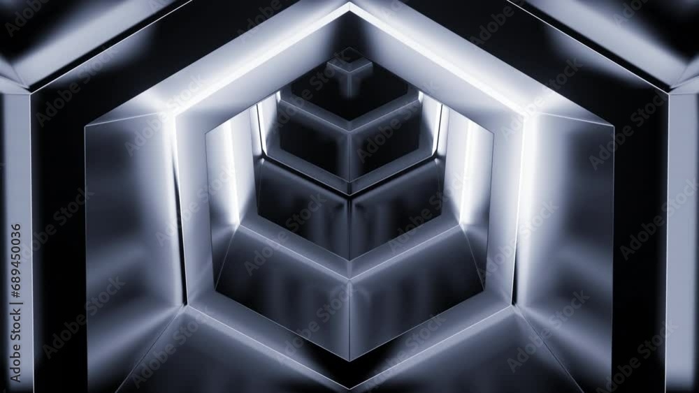 Poster abstract monochrome hexagon shapes creating effect of a tunnel. design. flying through neon frames.