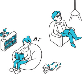 リビングで読書を楽しむ人物イラスト（青）