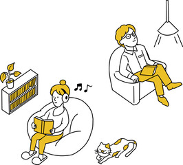 リビングで読書を楽しむ人物イラスト（黄色）