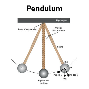 Simple pendulum diagram. Rigid support, point of suspension, angular displacement. Simple harmonic motion. Scientific resources for teachers and students. Vector illustration.