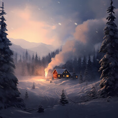 A snowy landscape with a log cabin and smoke rising