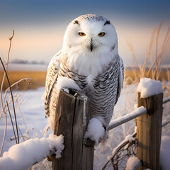 Majestic snowy owl perched on a snow-covered fence post.