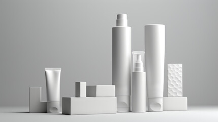 3D Mockup White cosmetics bottles of toothpaste, soap and moisturizing cream, all white, geometric simplification, industrial design, rounded forms, alson skinner clark, light gray free copy space