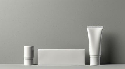 3D Mockup White cosmetics bottles of toothpaste, soap and moisturizing cream, all white, geometric simplification, industrial design, rounded forms, alson skinner clark, light gray free copy space
