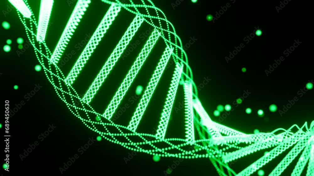 Poster animation of rotating dna strands. design. green spinning abstract dna spiral rotating on a black ba