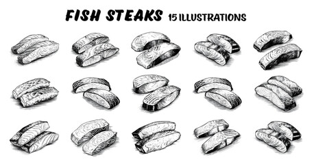 Collection of drawn fish steaks. Sketch illustration - obrazy, fototapety, plakaty