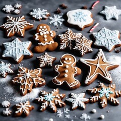 Homemade Gingerbread cookies with spices on a gray background.
