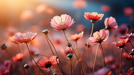 Naklejka premium Spring Abstract Blurred Bokeh Cosmos Flowers, Background Image, Desktop Wallpaper Backgrounds, HD