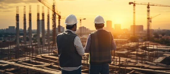 Back view of engineer and architect working on construction site at sunset - obrazy, fototapety, plakaty