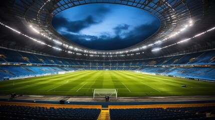 Soccer ball on the field of stadium with lights and spotlights - obrazy, fototapety, plakaty